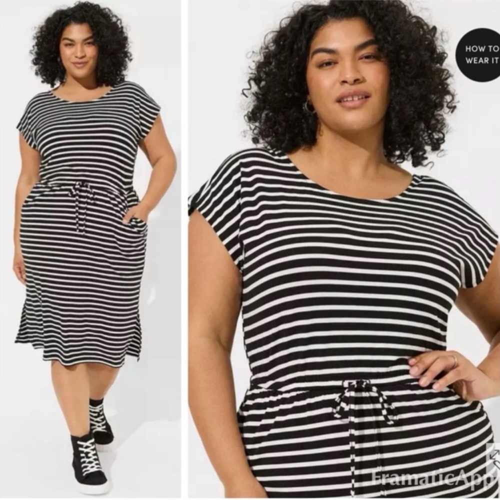 Torrid Jersey Criss Cross Black and White Striped Midi Dress